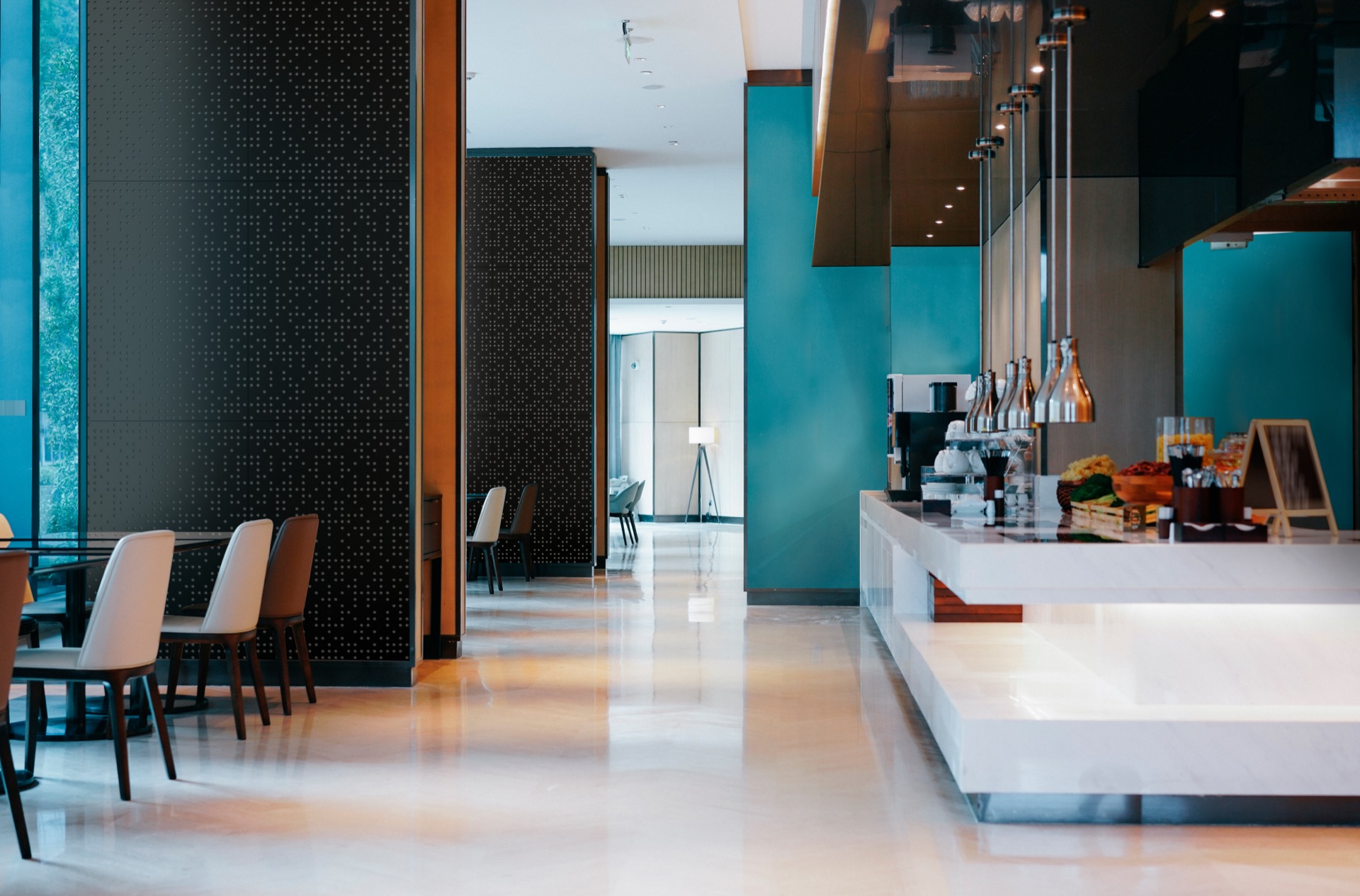 Artnovion acoustic treatment in a hotel restaurant